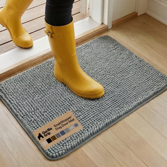 GORILLA GRIP Ultra Absorbent Grippy Doormat for Muddy Dog Paws, 30x20 Machine Washable Soakstopper Rugs Cleaner Floors, Bed Mat for Dirty Dogs, Indoor Entrance Door Rug Pet Bed Mats Gray