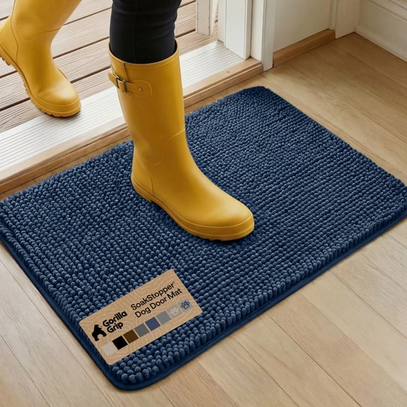 GORILLA GRIP Ultra Absorbent Grippy Doormat for Muddy Dog Paws, 30x20 Machine Washable Soakstopper Rugs Cleaner Floors, Bed Mat for Dirty Dogs, Indoor Entrance Door Rug Pet Bed Mats Navy Blue
