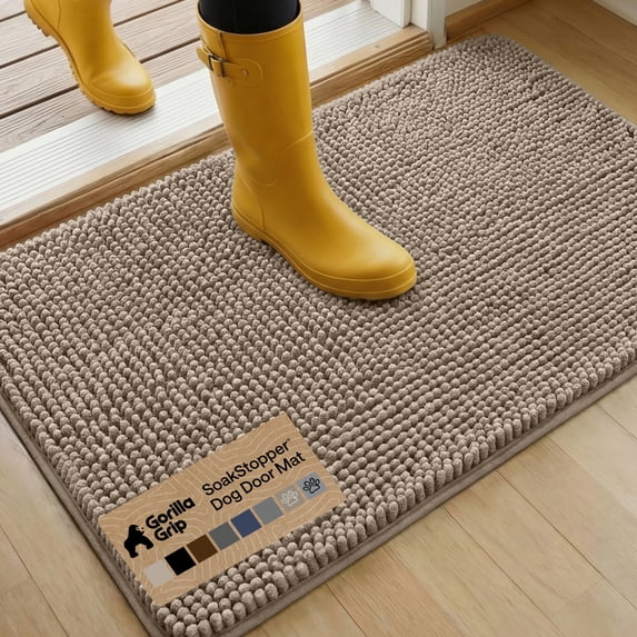 GORILLA GRIP Ultra Absorbent Grippy Doormat for Muddy Dog Paws, 36x24 Machine Washable Soakstopper Rugs Cleaner Floors, Bed Mat for Dirty Dogs, Indoor Entrance Door Rug Pet Bed Mats Beige