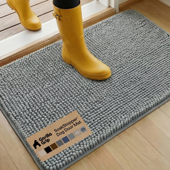 GORILLA GRIP Ultra Absorbent Grippy Doormat for Muddy Dog Paws, 36x24 Machine Washable Soakstopper Rugs Cleaner Floors, Bed Mat for Dirty Dogs, Indoor Entrance Door Rug Pet Bed Mats Grey