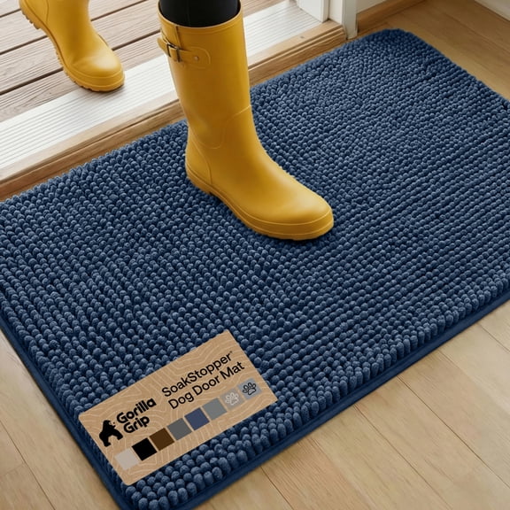 GORILLA GRIP Ultra Absorbent Grippy Doormat for Muddy Dog Paws, 36x24 Machine Washable Soakstopper Rugs Cleaner Floors, Bed Mat for Dirty Dogs, Indoor Entrance Door Rug Pet Bed Mats Navy Blue