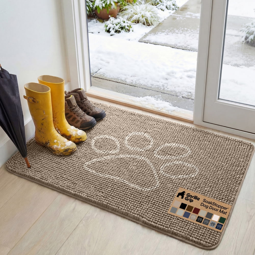 GORILLA GRIP Ultra Absorbent Grippy Doormat for Muddy Dog Paws, 48x30 Machine Washable Soakstopper Rugs Cleaner Floors, Bed Mat for Dirty Dogs, Indoor Entrance Door Rug Pet Bed Mats Beige Ivory