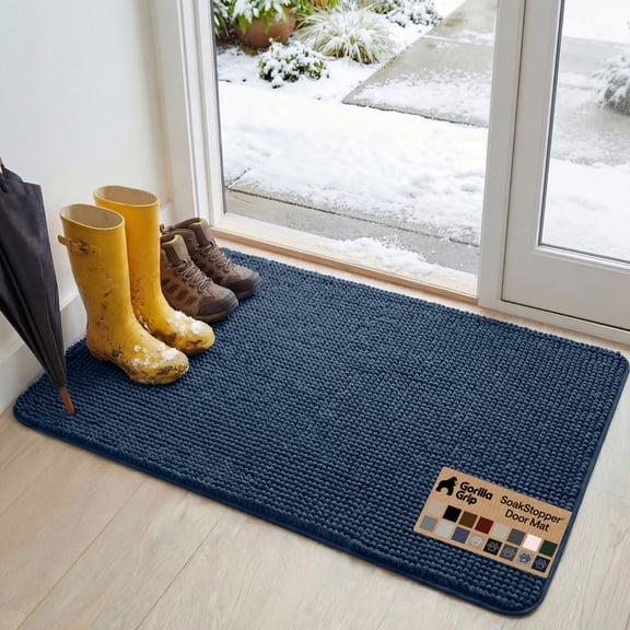 GORILLA GRIP Ultra Absorbent Grippy Doormat for Muddy Dog Paws, 48x30 Machine Washable Soakstopper Rugs Cleaner Floors, Bed Mat for Dirty Dogs, Indoor Entrance Door Rug Pet Bed Mats Navy Blue