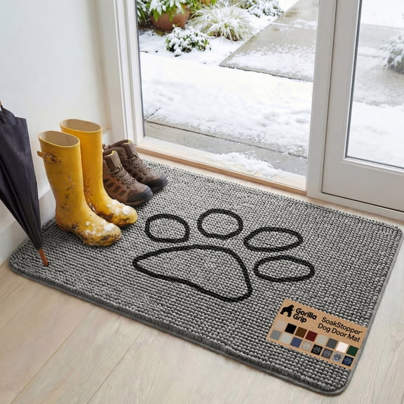 GORILLA GRIP Ultra Absorbent Grippy Doormat for Muddy Dog Paws, 48x30 Machine Washable Soakstopper Rugs Cleaner Floors, Bed Mat for Dirty Dogs, Indoor Entrance Door Rug Pet Bed Mats Paw Gray