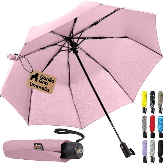 GORILLA GRIP Wind and Tear Resistant Compact Rain Umbrella, 11.5 inch Compact Size, Pink