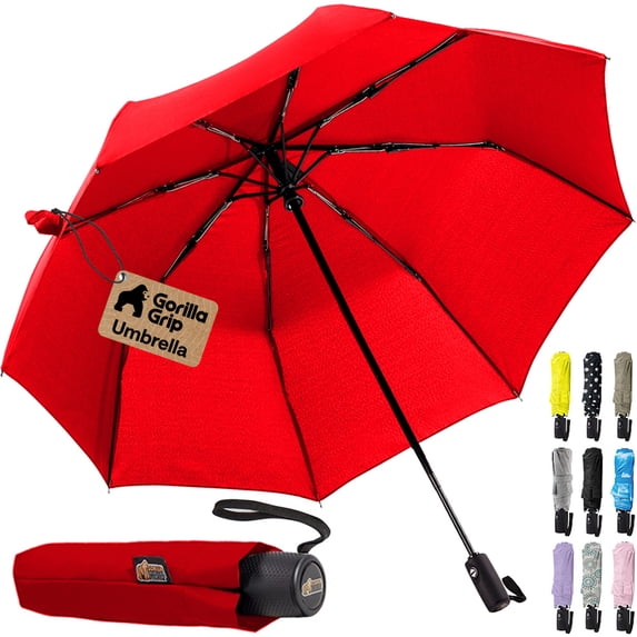 GORILLA GRIP Wind and Tear Resistant Compact Rain Umbrella, 11.5 inch Compact Size, Red