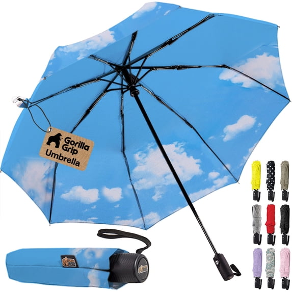 GORILLA GRIP Wind and Tear Resistant Compact Rain Umbrella, 11.5 inch Compact Size, Sky Blue