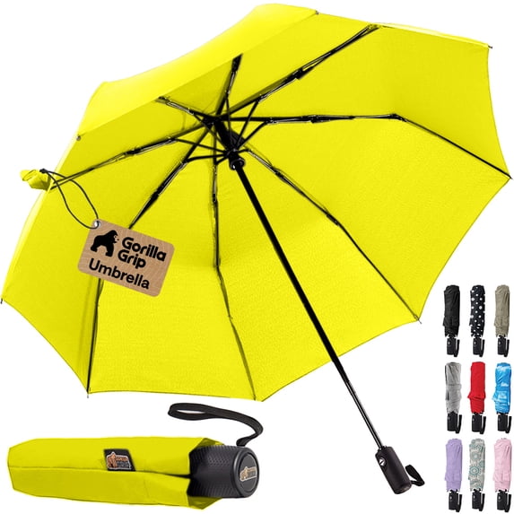 GORILLA GRIP Wind and Tear Resistant Compact Rain Umbrella, 11.5 inch Compact Size, Yellow