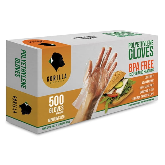 GORILLA PLY 500 BPA Free Premium Disposable Gloves Poly PE LDPE Plastic for Kitchen Food Handling Prep Latex & Powder (500 Count, Mum)