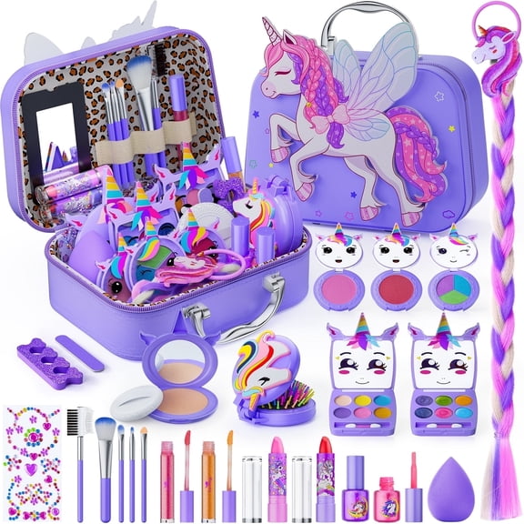 GORISPI Kids Makeup Kit for Girl - 2-in-1 children's washable makeup toy and nail art set, with makeup storage box, a true girls' makeup set, an ideal toy unicorn makeup bag for girls aged 3-12