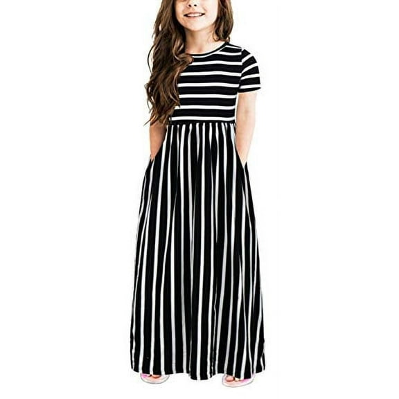 GORLYA Girl's Short Sleeve Floral Print Loose Casual Holiday Long Maxi Dress with Pockets 4-12 Years (11-12Years/Height:150cm, Black Stripe)