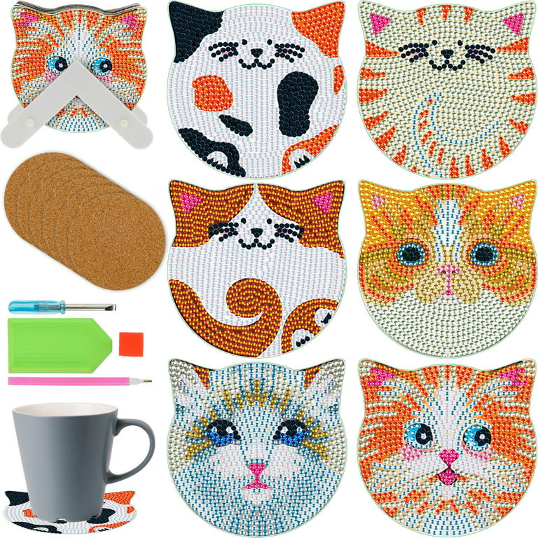 Gorware 6pcs Diamond Painting Coasters with Dimensional Holder DIY Cat Coaster Non-Slip Kids and Adults Art Craft Supplies