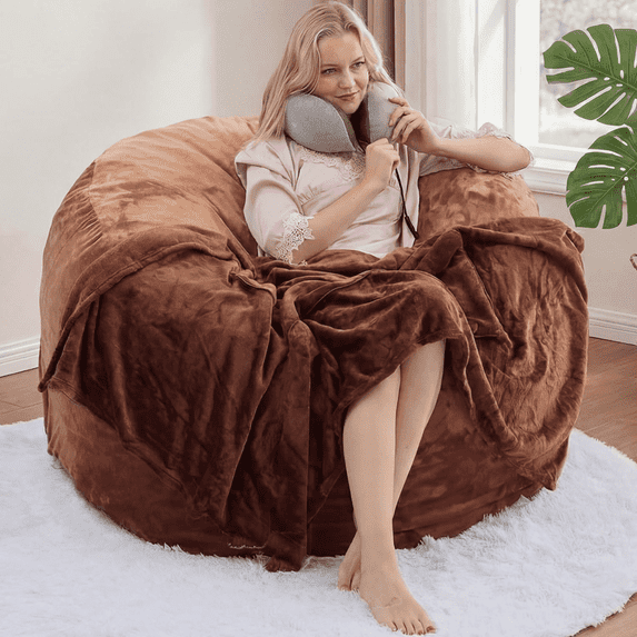 GOSAVI 3FT Bean Bag Chairs for Adults Memory Foam Filler Beanbag Chair with Removable and Washable Flannel Cover, Lazy Chairs for Living Room - Brown