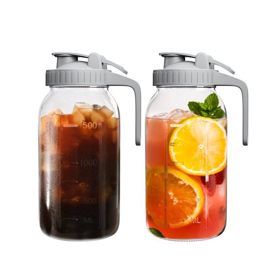 GOSCHE 2 Pack 64oz Glass Pitcher with Lid and Spout Leak Proof Mason Jar Pitcher with Handle for Fridge Juice Beverage Iced Tea Coffee Gray
