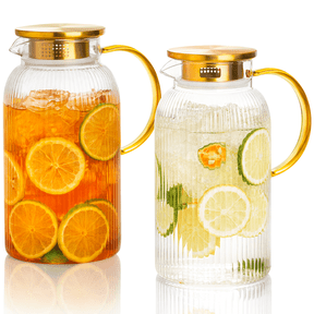 GOSCHE 68oz 2 Pack Glass Pitcher with Lid and Handle Classic Stripes Glass Water Pitcher with Spout for Cold and Hot Beverage, Iced Tea, Juice, Lemonade, Coffee