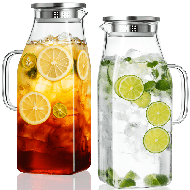 GOSCHE 68oz 2 Pack Glass Pitcher with Lid and Handle Square Glass Water ...