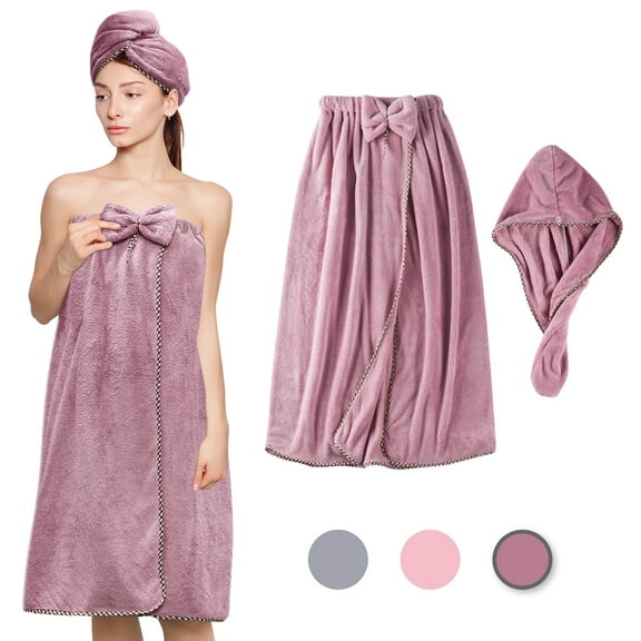 GOSCHE Bath Towel Wrap for Women with Velcro, Adjustable Luxury Microfiber Soft Towels for Shower, Super Absorbent to Quick Drying Hair and Body, Purple