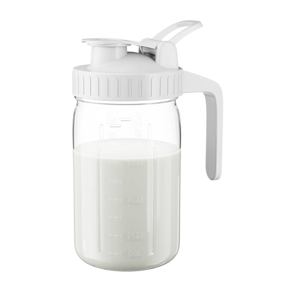 GOSCHE Breast Milk Pitcher Wide Mouth Glass Mason Jar Pitcher Leak Proof Milk Pitcher with Lid and Pour Spout White 32oz