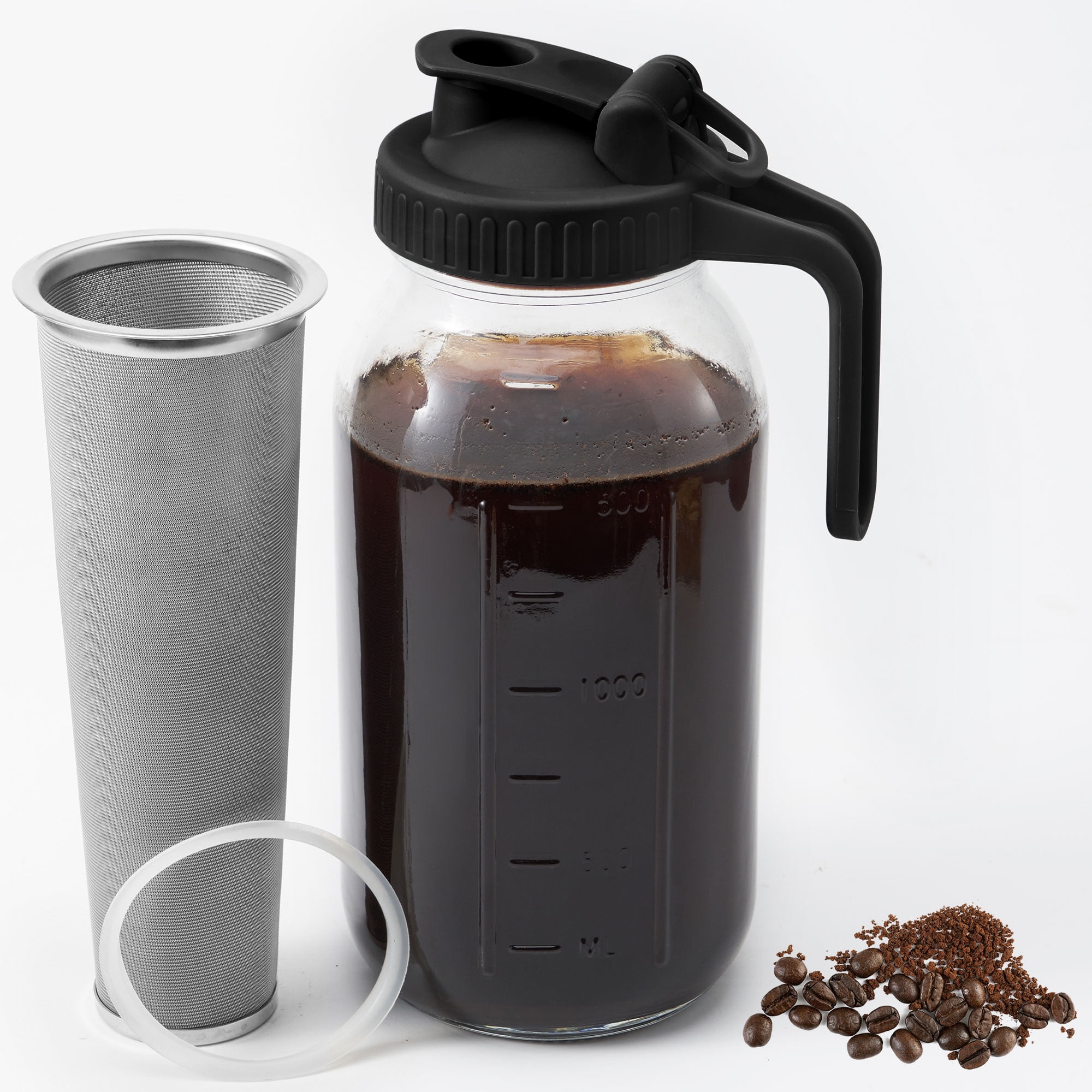 Cold Brew Coffee Maker Jar - 64oz Thick Glass Multipurpose Mason Pitcher  Spout Lid with Handle & Stainless Steel Filter for Iced Brew Coffee,  Lemonade, Ice Tea, Homemade Fruit Drinks Container 