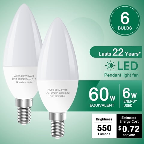 GOSCHE E12 Led Ceiling Fan Light Bulbs, 6W B11 Led Bulb, 550 LM, 2700K, Type B Light Bulb for Chandelier Lamp, Non-Dimmable Candle Lightbulbs,6-Pack
