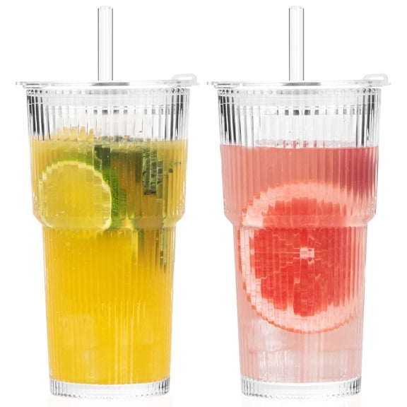 GOSCHE Glass Cups with Lids and Straws 20 oz Ribbed Thickened Glass Tumbler with Cleaning Brushes for Juice Coffee Smoothies Tea 2pcs