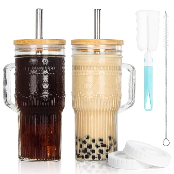 GOSCHE Glass Cups with Lids and Straws 22oz Glass Tumbler with Handle Cleaning Brushes for Juice Coffee Smoothies Tea 2pcs