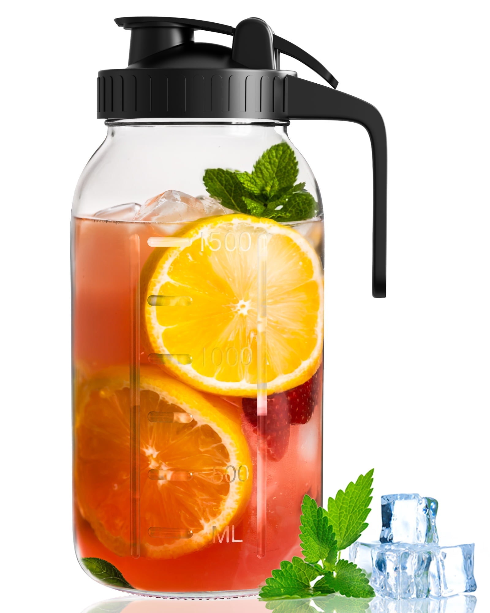 GOSCHE Glass Pitcher, 64 oz Large Mason Jar Pitcher with Lid and Spout, Pitcher with Lid for Cold Brew Coffee, Ice Beverage, Sun Tea, Black