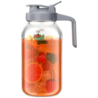 GOSCHE Glass Mason Jar Pitcher, 64 oz Wide Mouth Jug with Pour Spout Handle Lid for Cold Brew Coffee, Ice Beverage, Iced Juice, Lemonade, Sun Tea, Fruit Drinks Container,Gray Clear