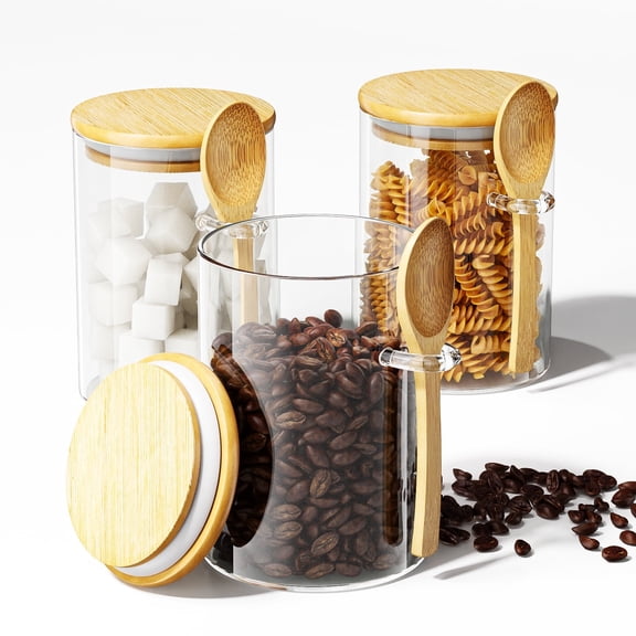 GOSCHE Glass Jars with Lids and Spoon 15oz Food Canisters for Cookie Sugar Spice Coffee Beans Tea Flour Nuts Candy Oat Set of 3