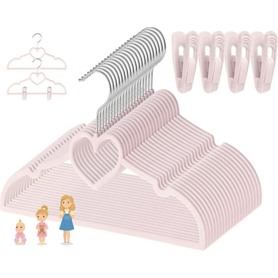 GOSCHE Kids Pink Velvet Clips Hangers - 13inch 50 Pack Toddler Clothing Hanger with 20pcs Movable Clips - Pink