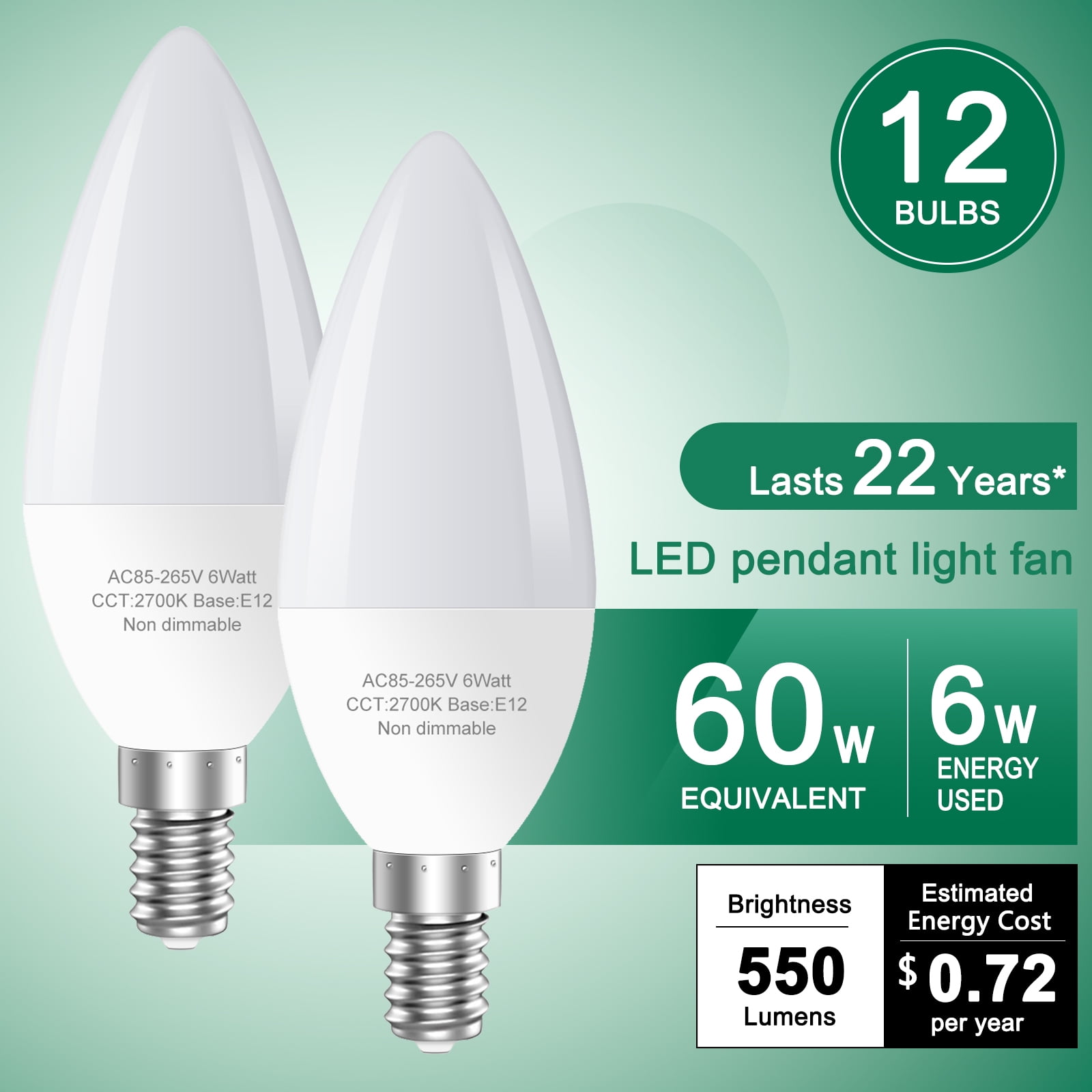 GOSCHE LED Light Bulbs 60 Watt E12 led bulb 2700K Type B Light Bulb for Chandelier 12 Pack