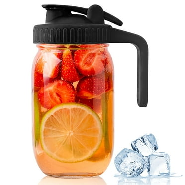 GOSCHE Mason Jar Glass Pitcher with Pour Spout Handle Lid, 32 oz Clear Glass Pitcher for Cold Brew Coffee, Ice Beverage, Iced Juice, Lemonade, Sun Tea, Fruit Drinks Container, Black