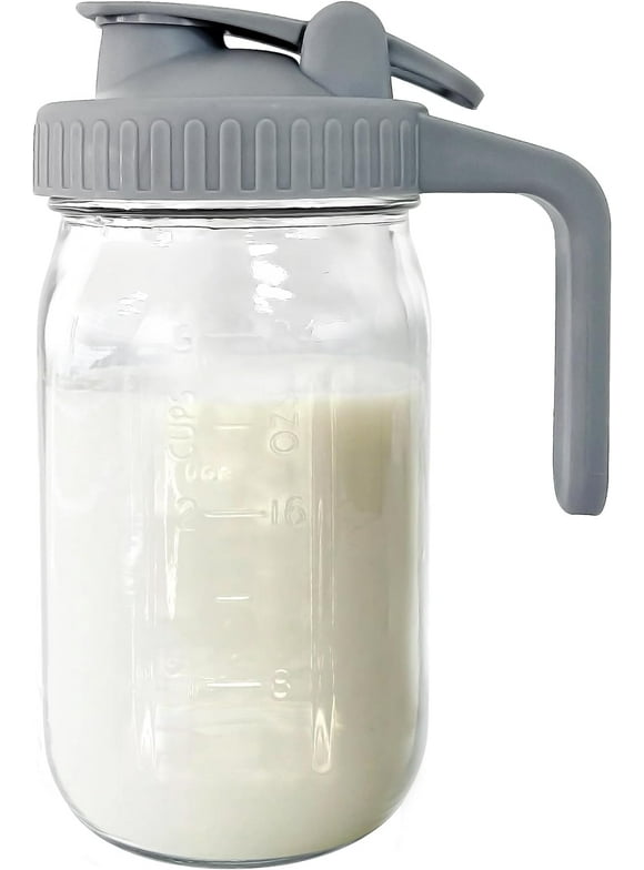 GOSCHE Mason Jar Glass Pitcher with Pour Spout Handle Lid, 32 oz Heavy Duty Jug for Cold Brew Coffee, Ice Beverage, Iced Juice, Lemonade, Sun Tea, Fruit Drinks Container, Gray