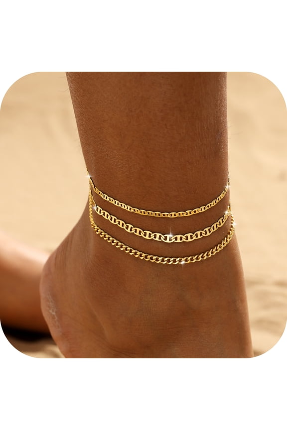 14K Gold Plated Anklets for Women Layered Waterproof Cuban Link Heart Beads Herringbone Rhinestone Anklets Set Jewelry Gift