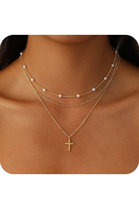 14K Gold Plated Cross Pendant Necklace, Herringbone Paperclip Cuban Figaro Rope Satellite Chain, Dainty Jewelry