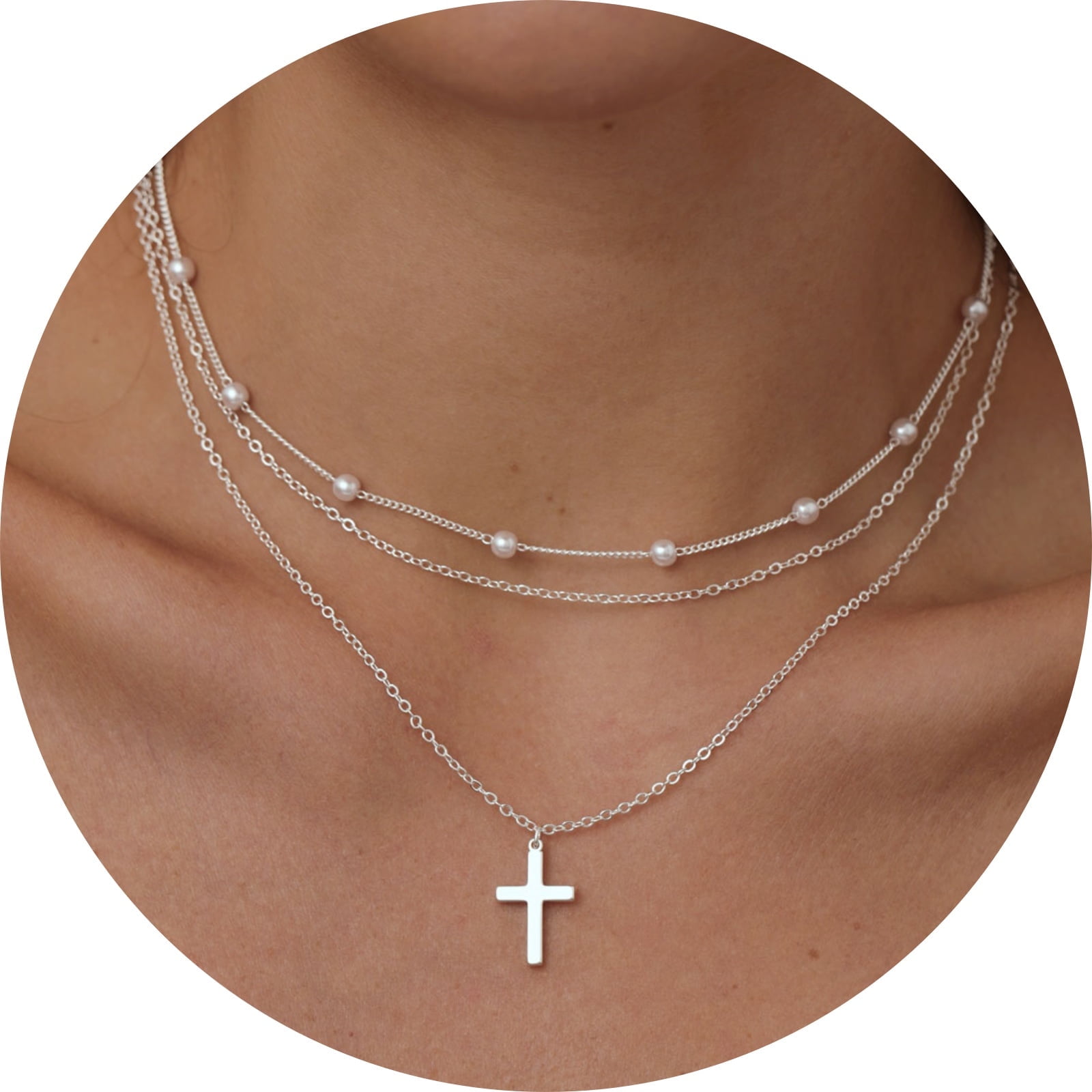 GOSFRY Layered Cross Necklace for Women Dainty Classic Fashionable Pearl Cross Pendant Layered Necklace Weddings Graduations Days Travel Gifts
