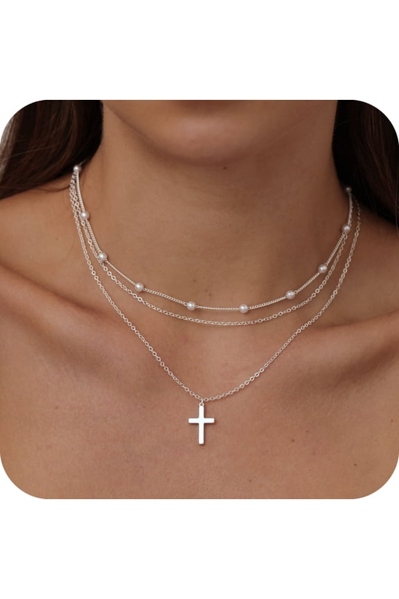 Layered Cross Necklace for Women Dainty Classic Fashionable Pearl Cross Pendant Layered Necklace Weddings Graduations Days Travel Gifts