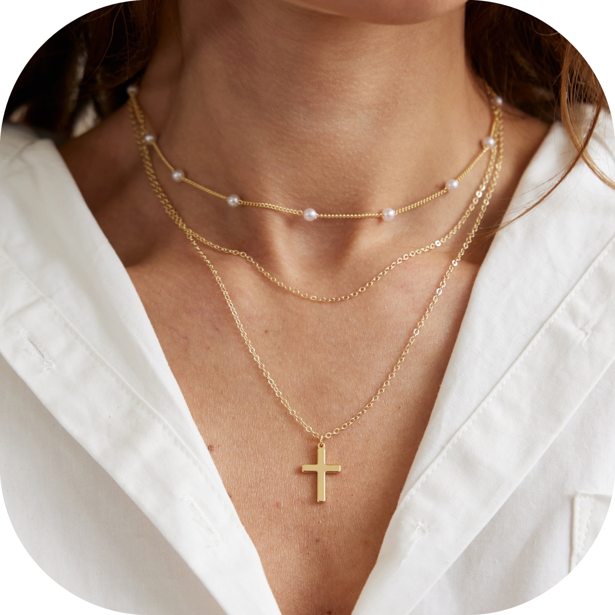 GOSFRY 14K Gold Plated Cross Pendant Necklace, Herringbone Paperclip Cuban Figaro Rope Satellite Chain, Dainty Jewelry