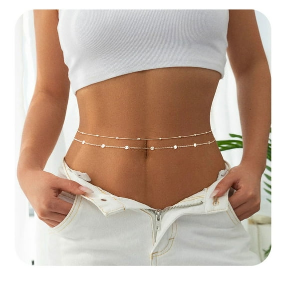 GOSFRY 14K Silver Plated Body Chains Dainty Boho Layered Beach Waist Bead Chain Adjustable Bikini Belly Chain Jewelry Accessories for Women Sexy