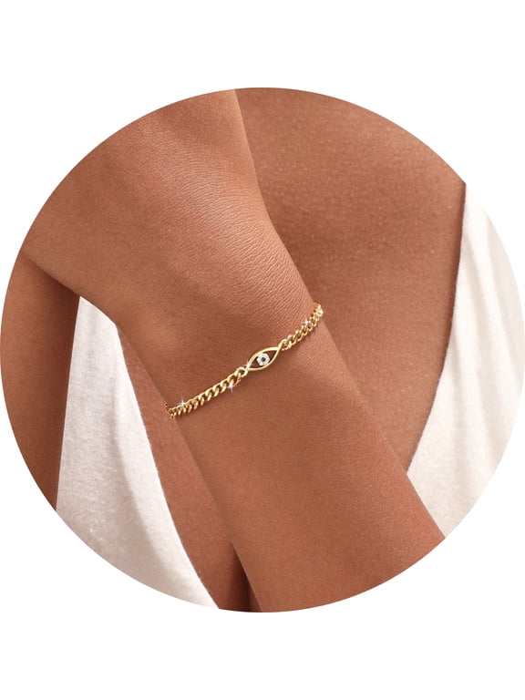 14K Gold Plated Bracelets for Women Evil Eye Cuban Link Bracelets Everyday Jewelry Gifts