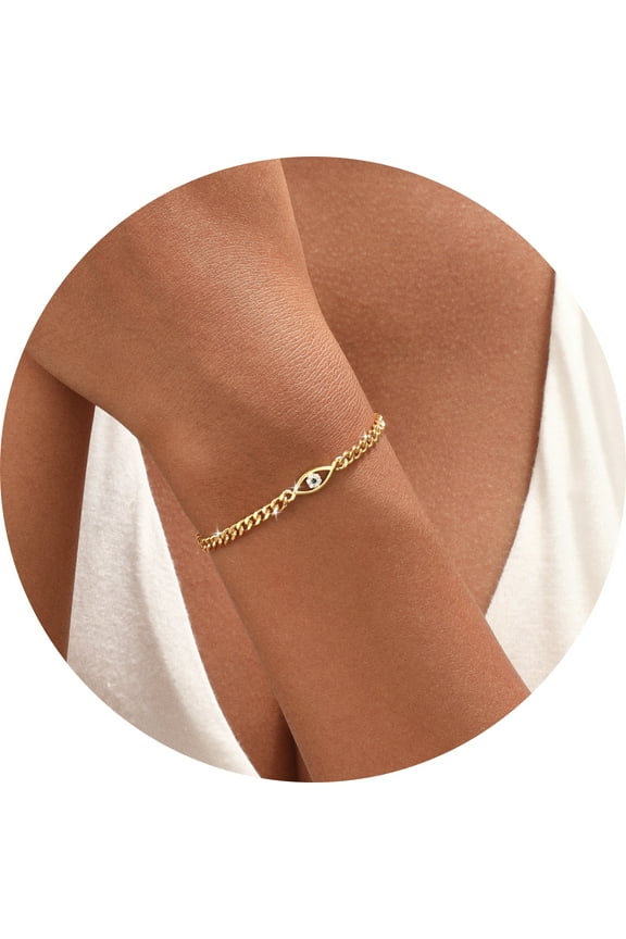 14K Gold Plated Bracelets for Women Evil Eye Cuban Link Heart Pearl Bracelets Everyday Jewelry Gifts