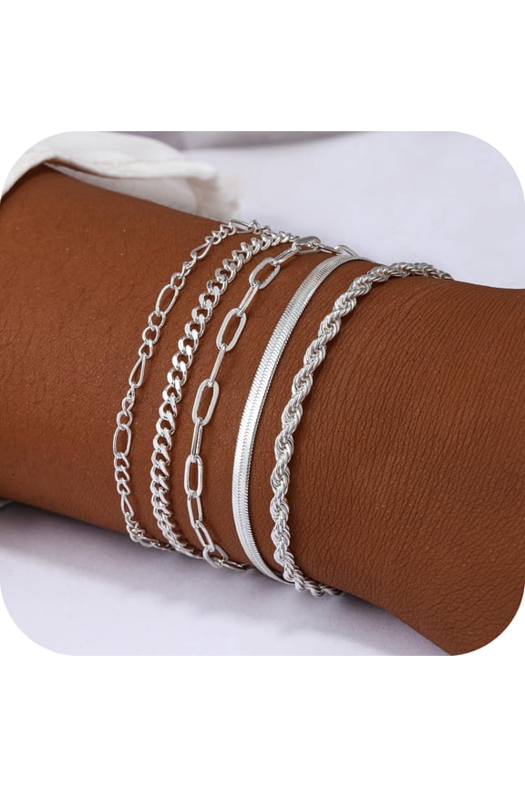 Silver Plated Bracelet for Women Men Dainty Multi-layered Bracelet Set Adjustable Stackable Chain Trendy Accessory Daily Gatherings Travel Jewelry Gift for Others