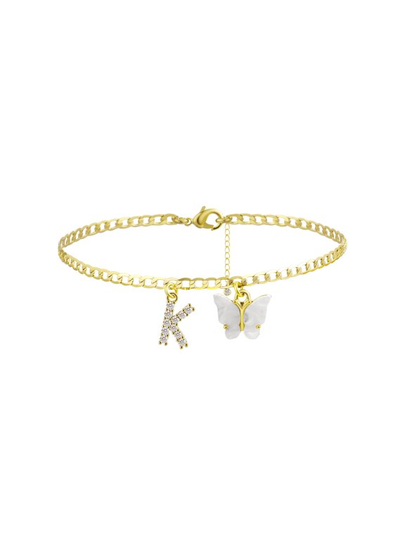 Initial Ankle Bracelet for Women Small 14K Gold Plated Butterfly CZ Letter K Jewelry Gift