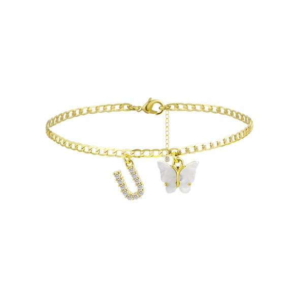 GOSFRY 14K Gold Plated Dainty Butterfly Initial Anklet Handmade Cuban Chain White Butterfly A-Z Alphabet Letter Initial Anklets Personalized Summer Beach Jewelry Gifts