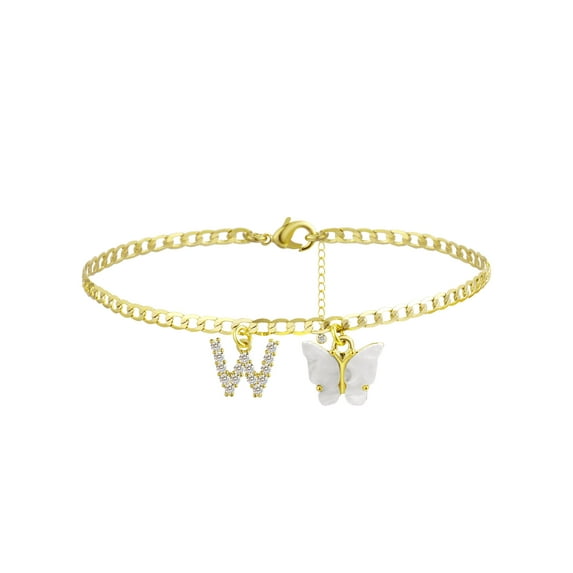 GOSFRY 14K Gold Plated Dainty Butterfly Initial Anklet Handmade Cuban Chain White Butterfly A-Z Alphabet Letter Initial Anklets Personalized Summer Beach Jewelry Gifts
