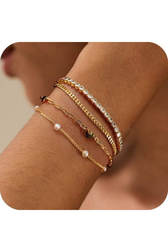 14K Gold Plated Delicate Adjustable 4-layer Bracelet Containing Pearl Paperclip Heart Exquisite Zircon Perfect Gift For Woman