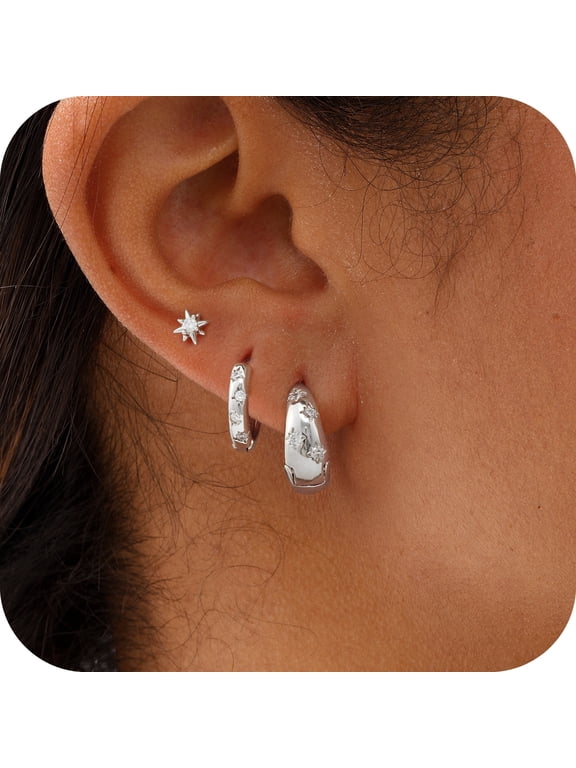 14K Silver Plated Huggie Hoop Earrings for Women, Small Sterling Silver Plated Earring Set Hypoallergenic Cartilage Helix Stacks, Mini Dainty Cute Trendy Jewelry Gift for Multiple Piercings