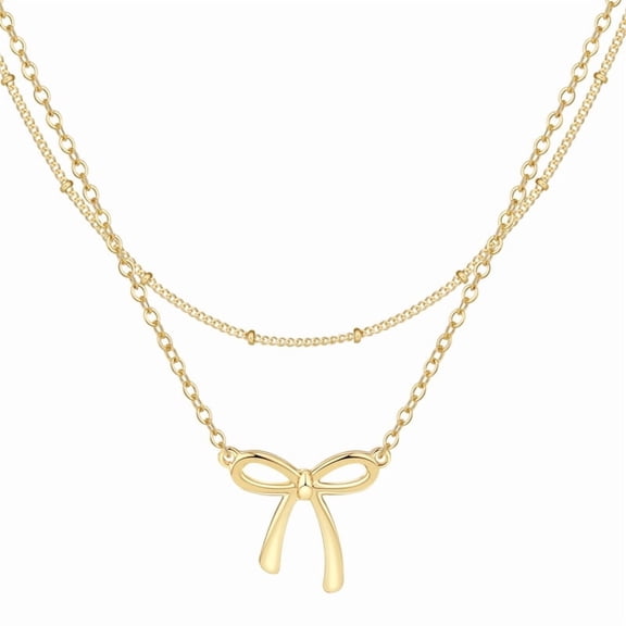 GOSFRY Dainty Layered Bow Necklace for Women, 14K Gold-Plated Satellite & O Chain Bow Pendant, Jewelry Gift