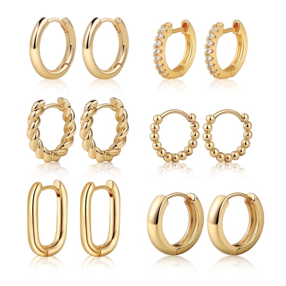 GOSFRY 6 Pairs Huggie Hoop Earrings for Women Dainty 14K Gold Plated Multi-Style Hypoallergenic Earring Set for Multiple Piercing Jewelry Gifts