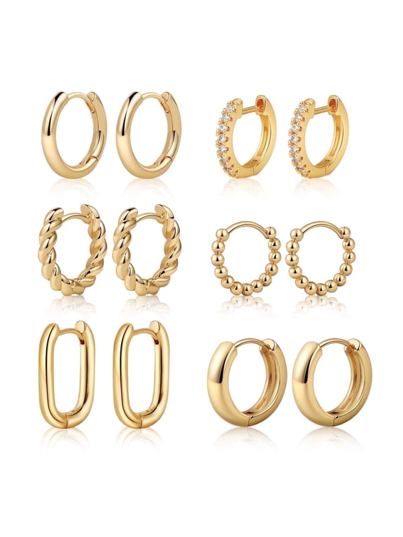 6 Pairs Huggie Hoop Earrings for Women Dainty 14K Gold Plated Multi-Style Hypoallergenic Earring Set for Multiple Piercing Jewelry Gifts
